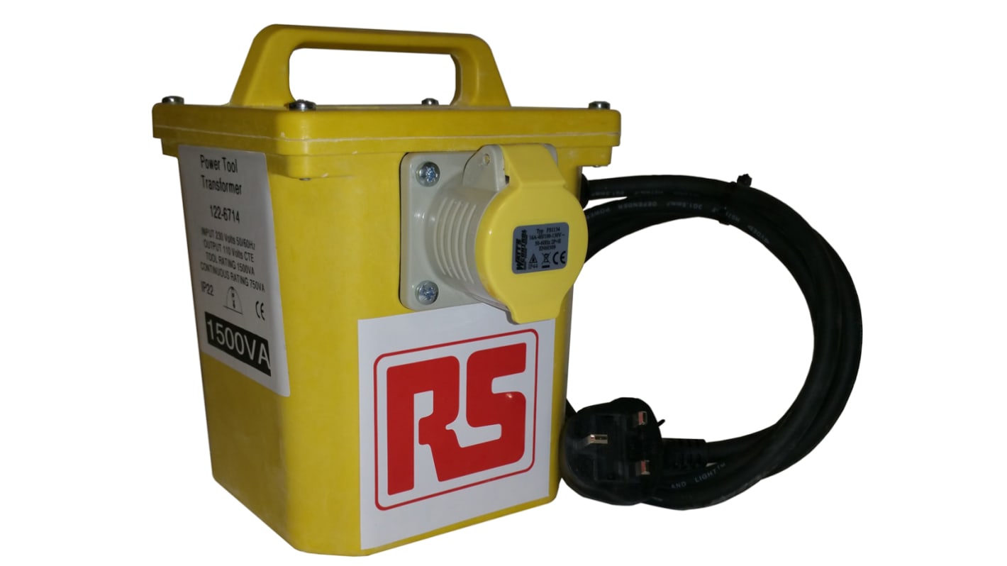 Transformador de aislamiento RS PRO, 1.5 kVA Intermittent 5 Mins on 15 Mins off, 230V ac, 110 (55V, 2 x 16A