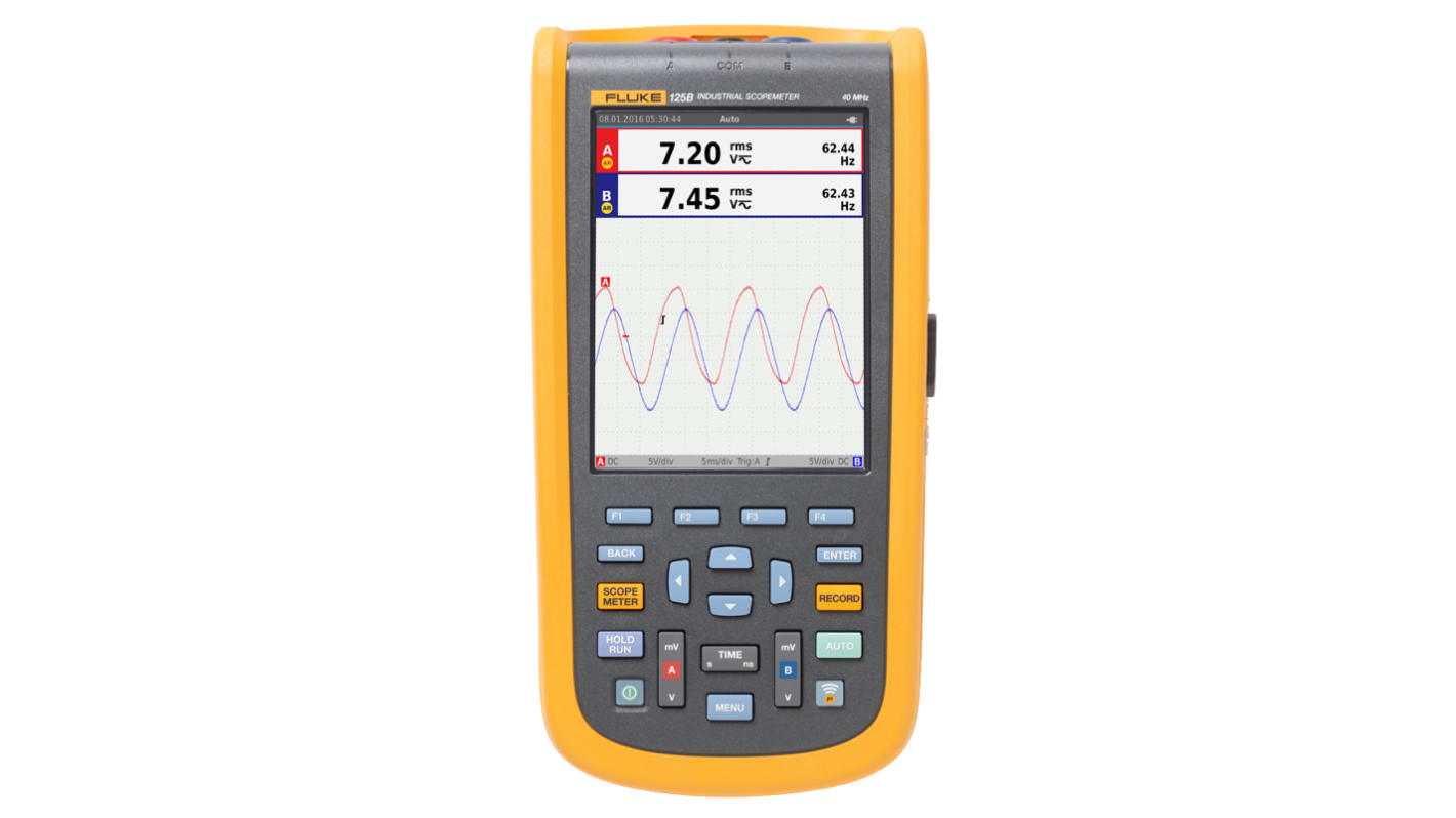 Fluke Oszcilloszkóp, 120B sorozatú, FLUKE-125B/EU/S, Kézi, 40MHz CAN, RS232, RS422, RS485, USB, EU, 2 analóg cs.