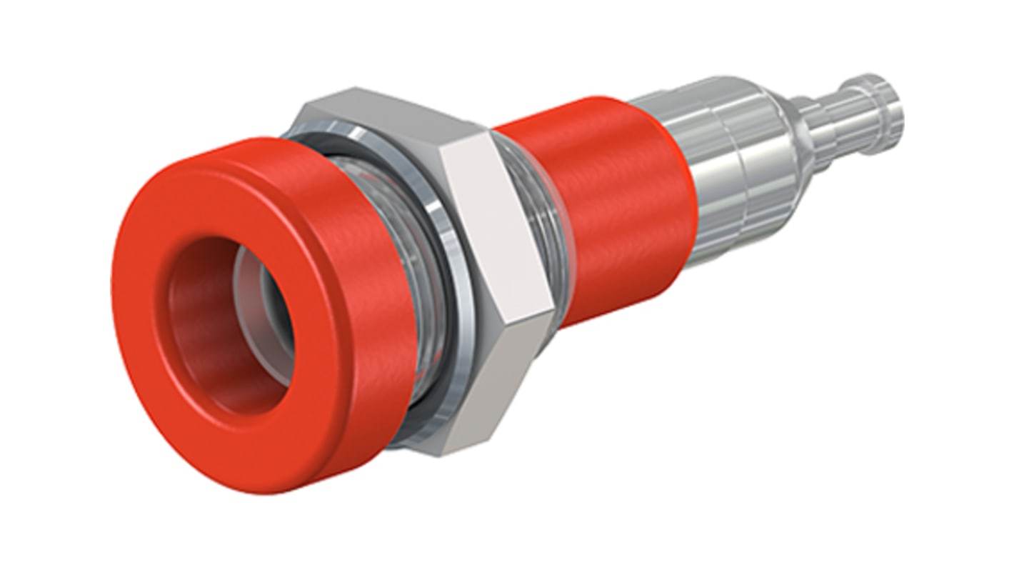Staubli Banán-csatlakozó 4 mm, Anya, 25A, 30 V, 60V dc, Vörös, 28mm, lezárás: Forrasztott Banánaljzat