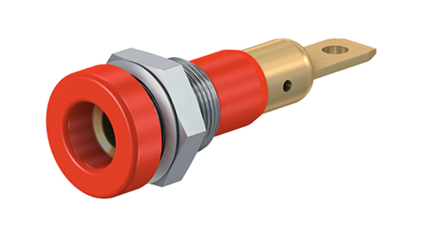 Staubli Red Female Banana Socket, 4 mm Connector, Screw Termination, 25A, 30 V, 60V dc, Gold Plating