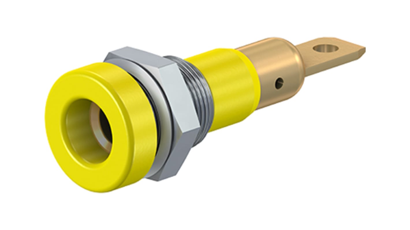 Staubli Yellow Female Banana Socket, 4 mm Connector, Screw Termination, 25A, 30 V, 60V dc, Gold Plating