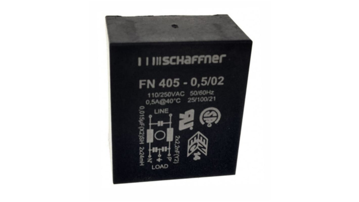 Filtro EMI Schaffner 2.2 nF, 15 nF, 500mA, 250 Vac, 400Hz 24 mH, Montaje en PCB, con terminales Pin 0,373 mA, Serie