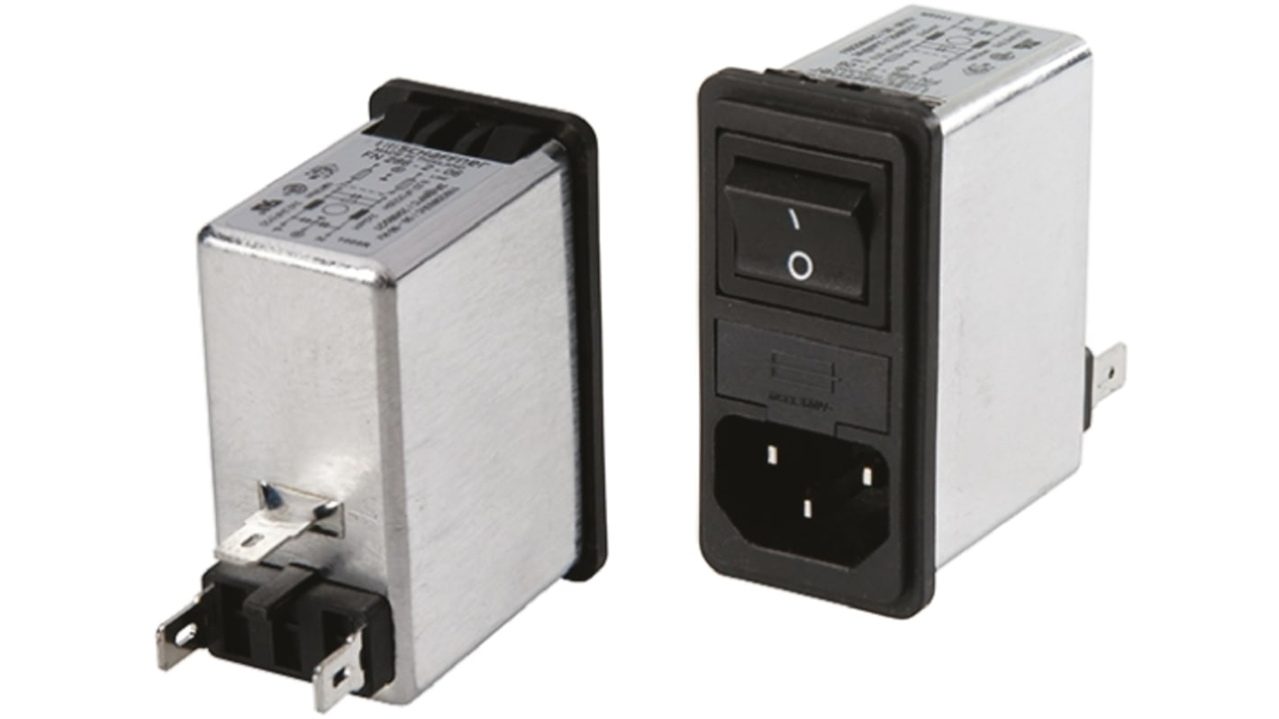 Schaffner C14 IEC Filter Stecker mit 2-Pol Schalter 5 x 20mm Sicherung, 250 V ac / 4A, Snap-In / Flachsteck-Anschluss