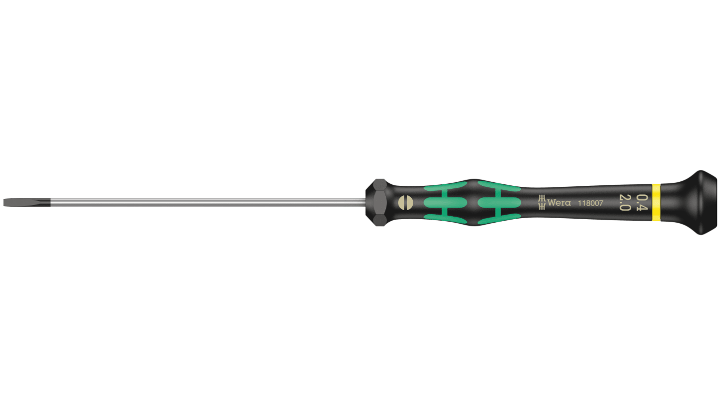 Wera Slotted Precision Screwdriver, 2 x 0.4 mm Tip, 100 mm Blade, 197 mm Overall