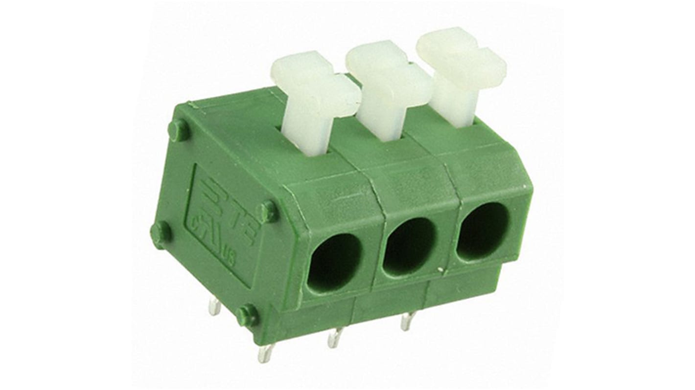 Borne para PCB Hembra TE Connectivity de 3 vías , paso 5mm, 10A, de color Verde, montaje Montaje en orificio pasante,