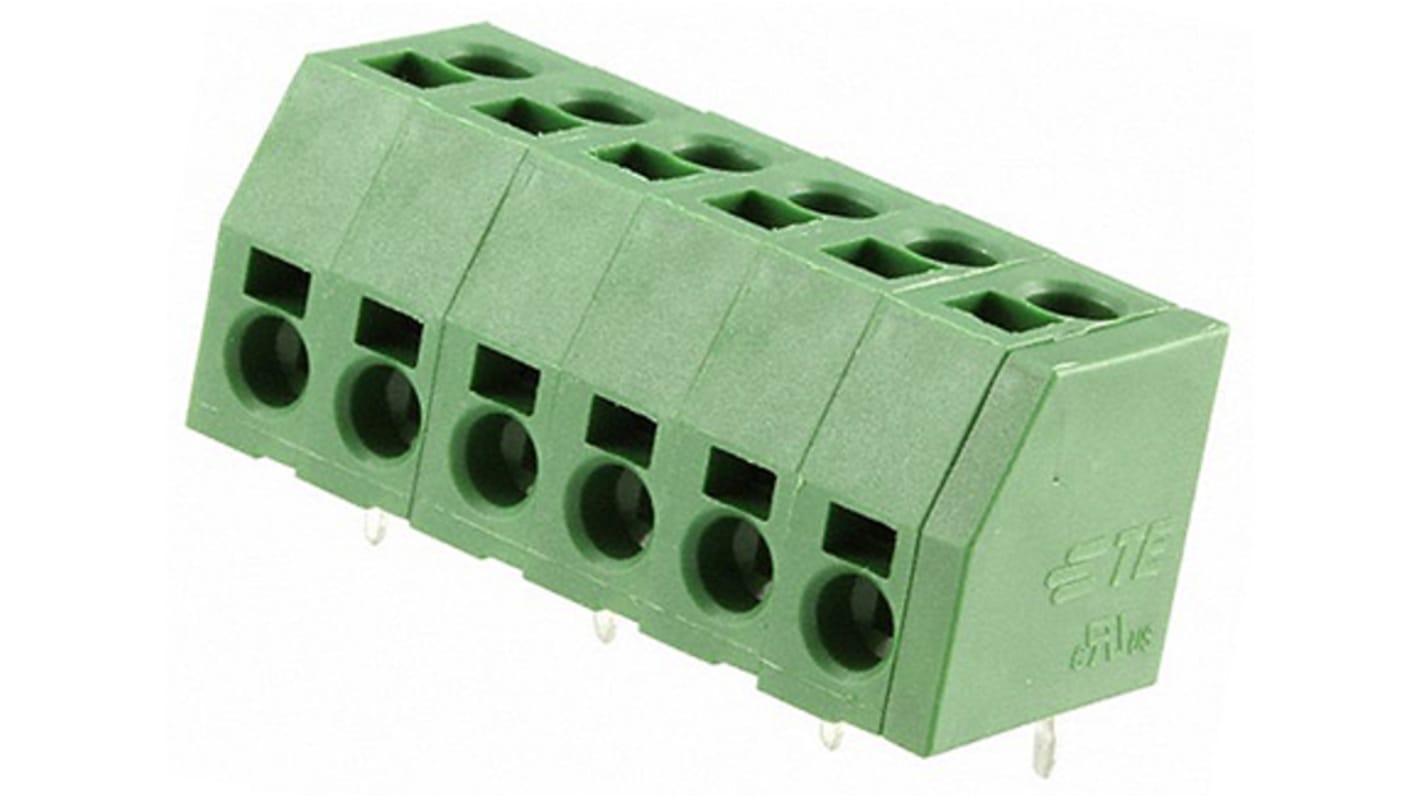 Borne para PCB Hembra TE Connectivity de 6 vías , paso 5mm, 10A, de color Verde, montaje Montaje en orificio pasante,