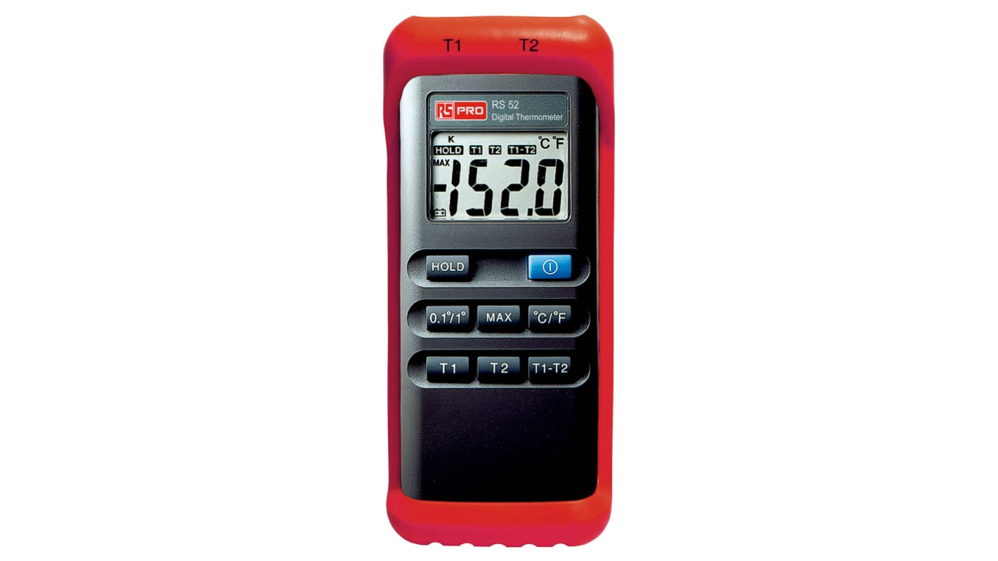 RS PRO Digital Thermometer, Handheld, 2-Kanal bis +1300 °C, +1999 °F ±0,3 % max, Messelement Typ K, ISO-kalibriert