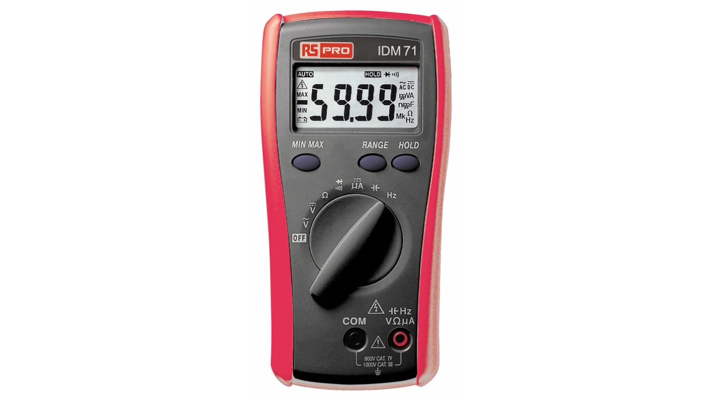 RS PRO IDM71 HandLCD Digital-Multimeter, CAT III, CAT IV 750V ac / 6mA ac, 60MΩ, ISO-kalibriert