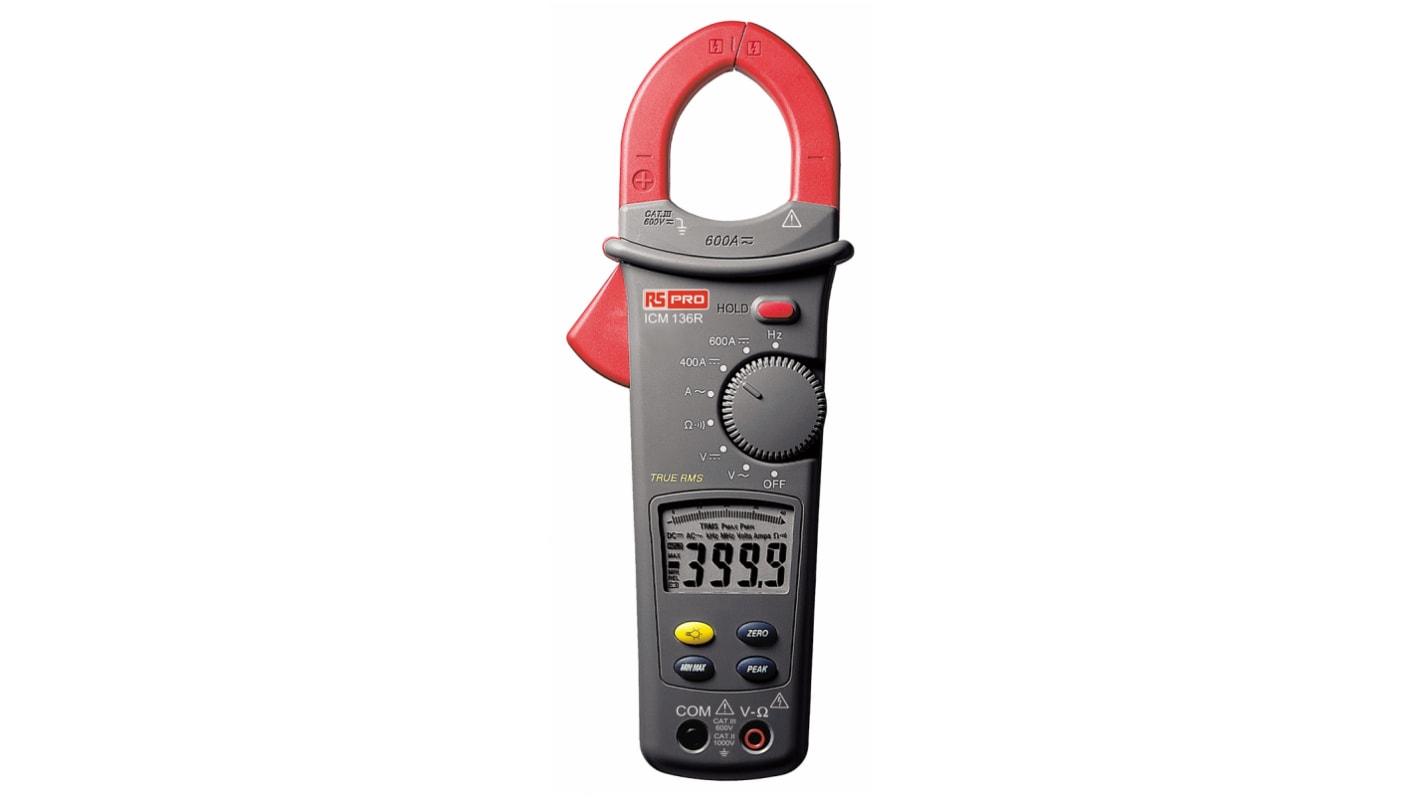 Pinza amperimétrica RS PRO ICM136R, calibrado RS, corriente máx. 600A ac, 600A dc, CAT II 1000 V, CAT III 600 V