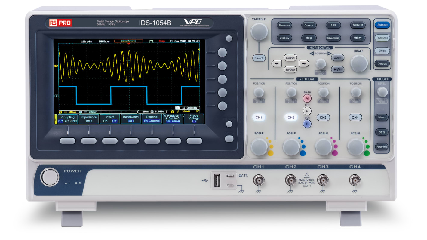 Osciloscopio de banco RS PRO IDS1054B, canales:4 A, 50MHZ, pantalla de 7plg, interfaz USB, Europa, UK