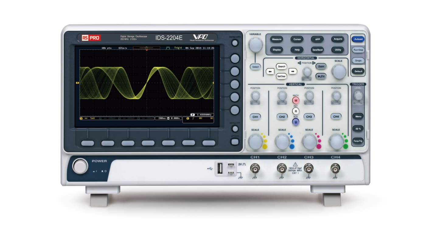 RS PRO IDS2204E Speicher Tisch Oszilloskop 4-Kanal Analog 200MHz CAN, IIC, LIN, RS232, RS422, RS485, SPI, UART, USB