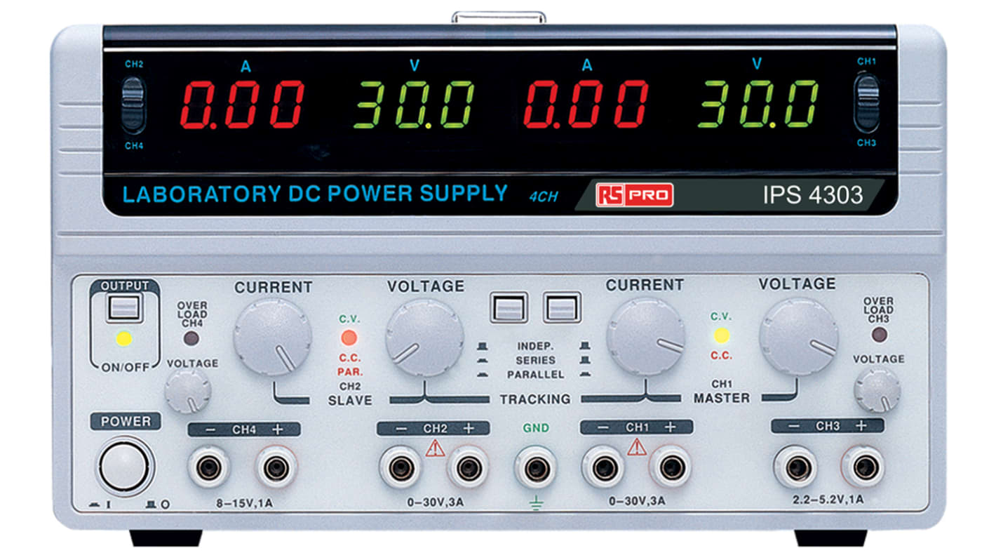 Zasilacz laboratoryjny 0 → 5 V, 2 x 0 → 30 V 3 A, 2 x 0 → 3 A RS PRO 195W