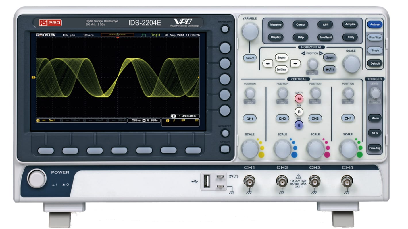 Oscyloskop 200MHz RS PRO Cyfrowa pamięć masowa CAT I 300 Vrms, CAT II 300 Vrms IDS2204E z kalibracją ISO CAN, IIC, LIN,