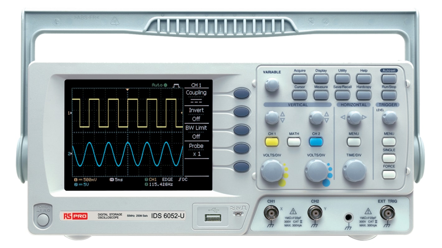 Osciloskop Digitální úložiště 50MHz, typ displeje: LCD USB, Velká Británie 2 analogové kanály RS PRO, s kalibrací ISO