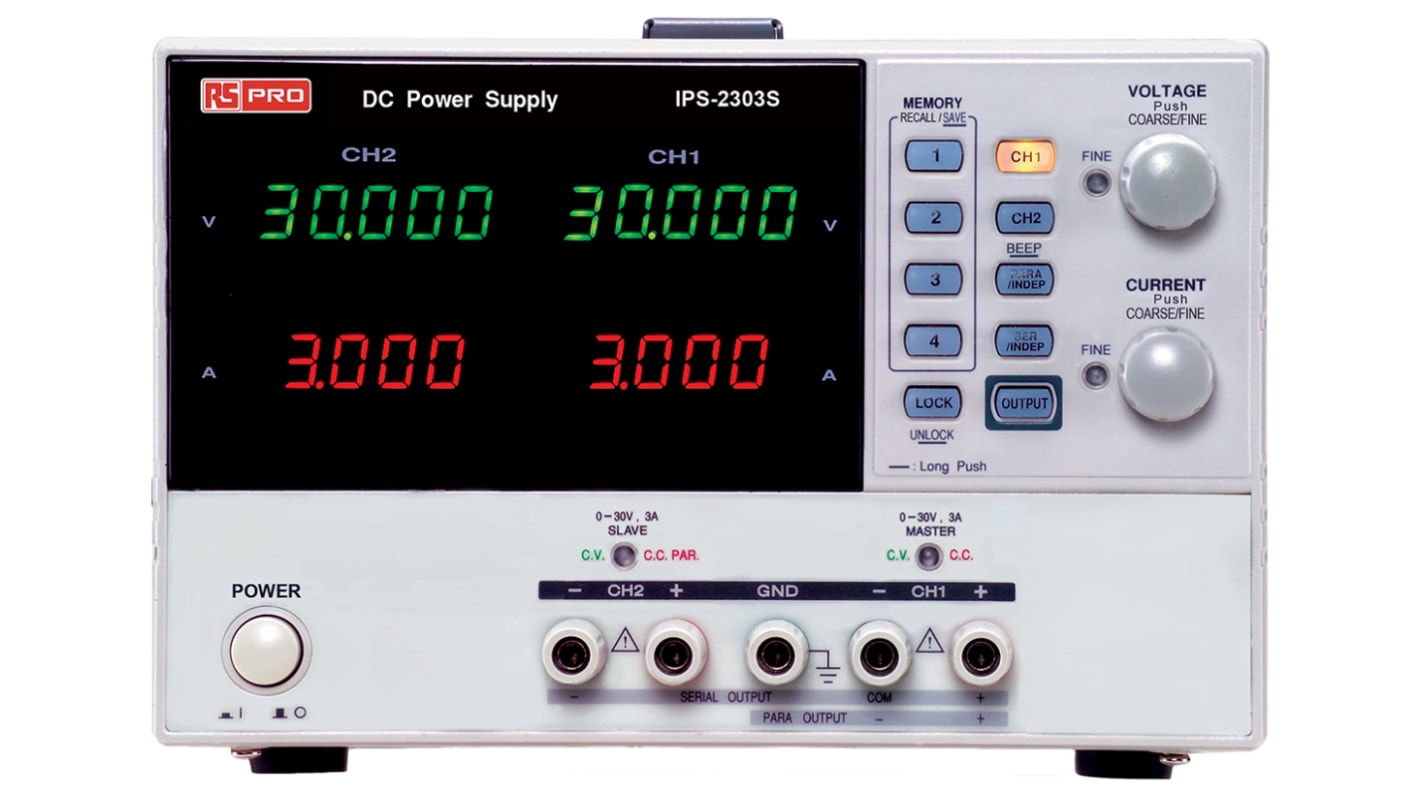 Alimentatore da banco RS PRO, 2 uscite, 0 → 30 (Channel 1) V dc, 0 → 30  (Channel 2) V dc, 0 → 3