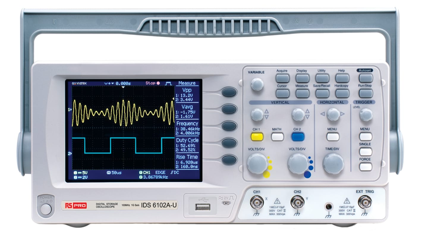 Oscyloskop 100MHz RS PRO Cyfrowa pamięć masowa CAT II 300 Vac/dc IDS6102AU z kalibracją ISO USB