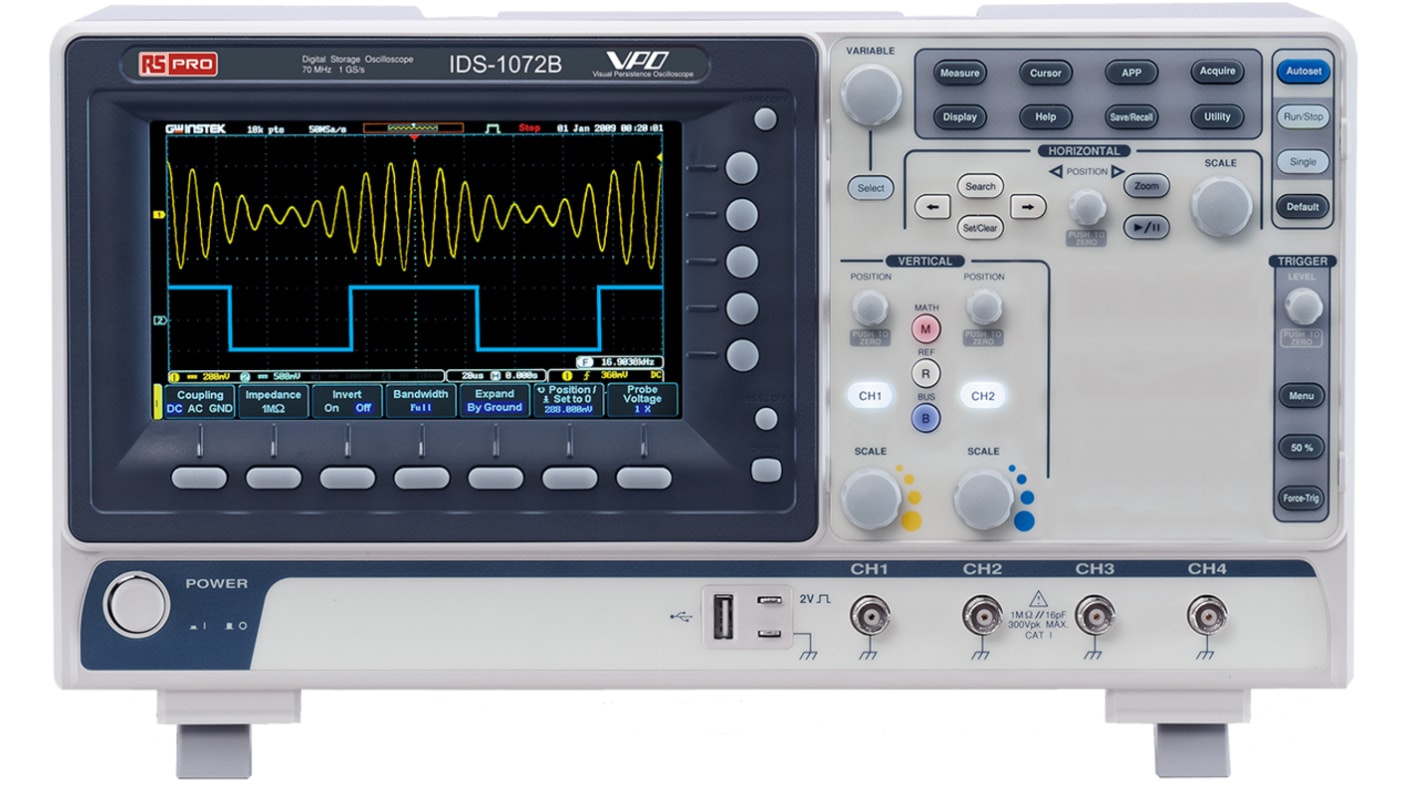 Oscyloskop 70MHz RS PRO Cyfrowa pamięć masowa CAT I 300 Vrms, CAT II 300 Vrms IDS1072B z kalibracją ISO USB