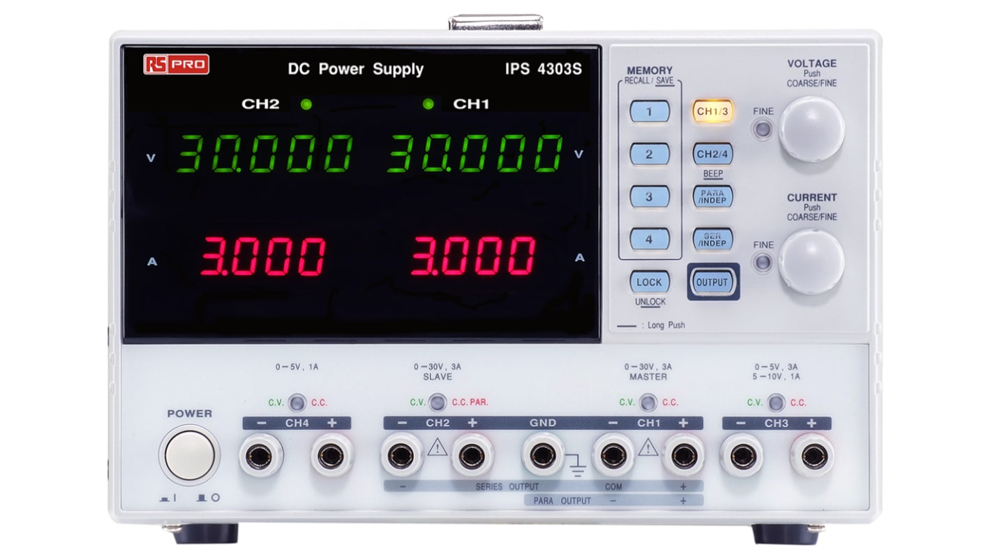 Alimentation de laboratoire, 0 → 5 V, 2 x 0 → 30 V, 0 → 1 A, 3 x 0 → 3 A, 4 sorties 195W,