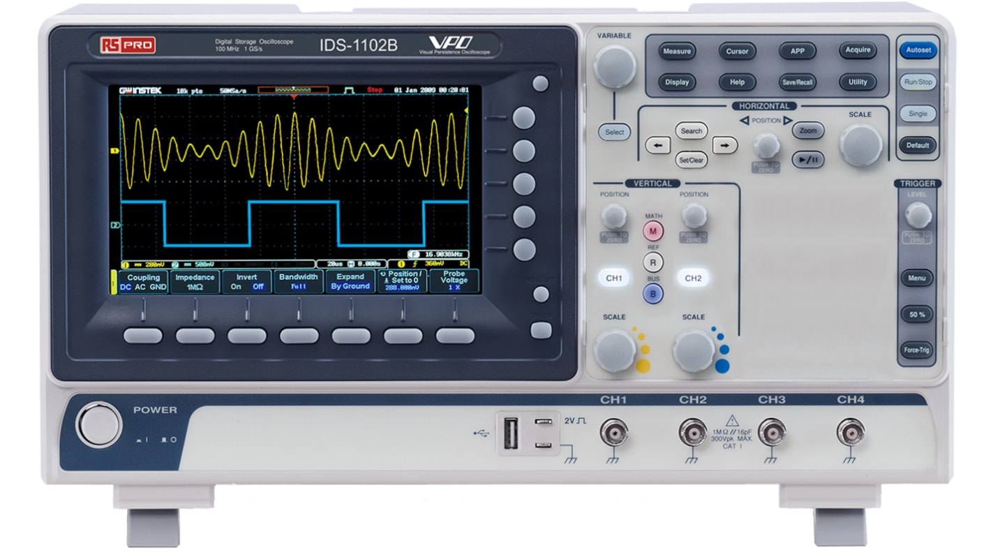 Osciloskop Digitální úložiště 100MHz, typ displeje: TFT LCD USB, Velká Británie 2 analogové kanály RS PRO, s kalibrací