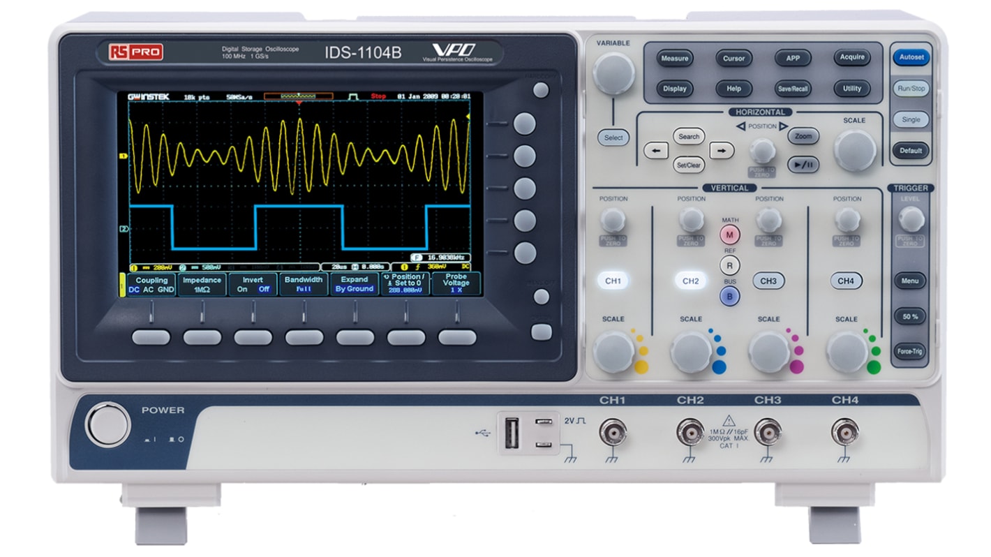 Oscyloskop 100MHz RS PRO Cyfrowa pamięć masowa CAT I 300 Vrms, CAT II 300 Vrms IDS1104B z kalibracją ISO USB