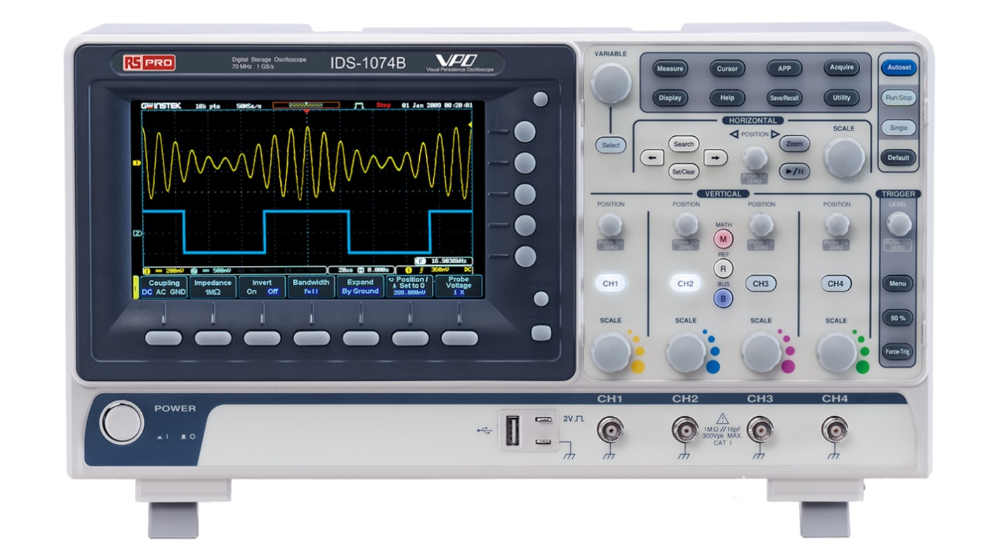 Osciloscopio de banco RS PRO IDS1074B, calibrado RS, canales:4 A, 70MHZ, pantalla de 7plg, interfaz USB, enchufe UK