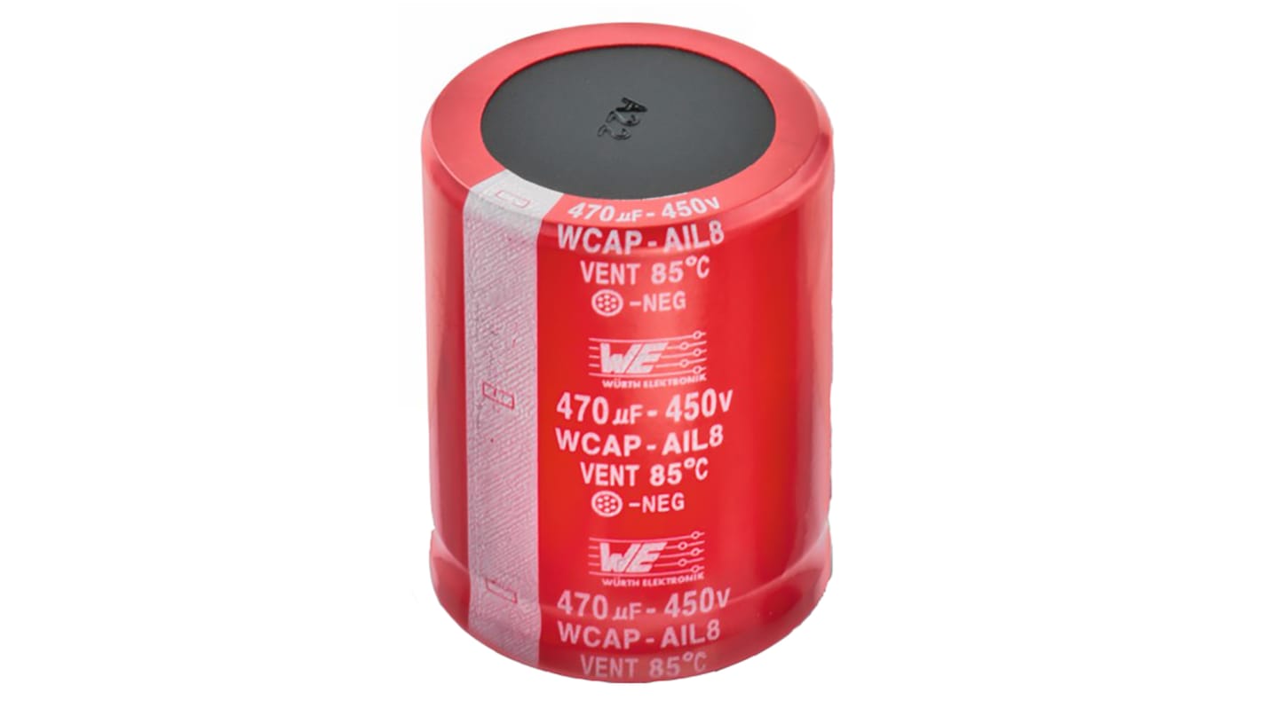 Wurth Elektronik WCAP-AIL8 Snap-In Aluminium-Elektrolyt Kondensator 390μF ±20% / 450V dc, Ø 40mm, +85°C