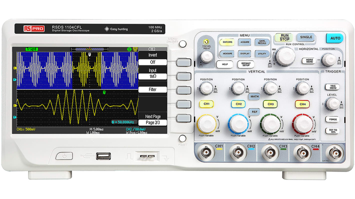 Osciloscopio de banco RS PRO RSDS1104CFL, calibrado RS, canales:4 A, 100MHZ, pantalla de 177.8mm, interfaz USB