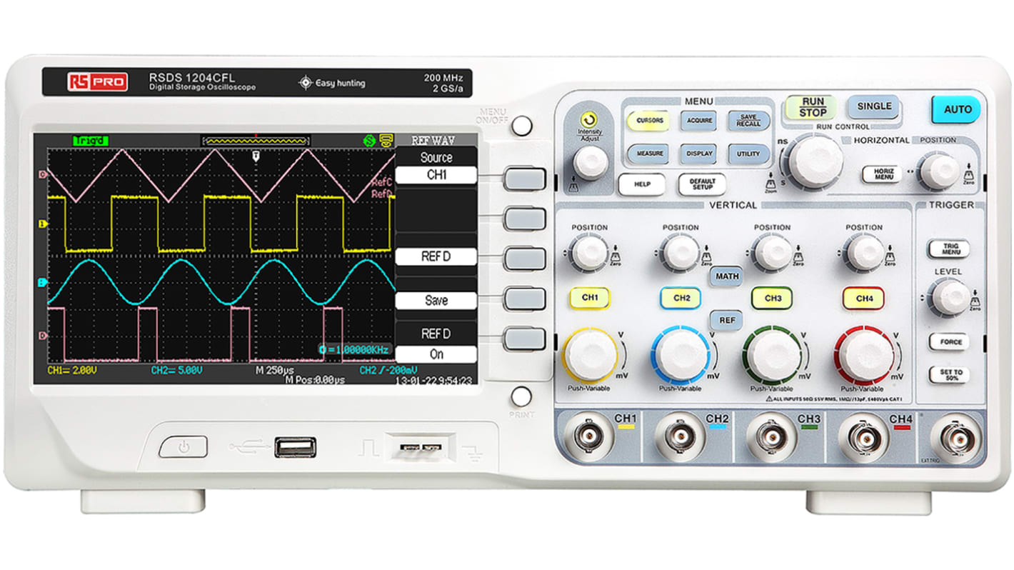 RS PRO RSDS1204CFL Digital Bench Oscilloscope, 4 Analogue Channels, 200MHz - UKAS Calibrated