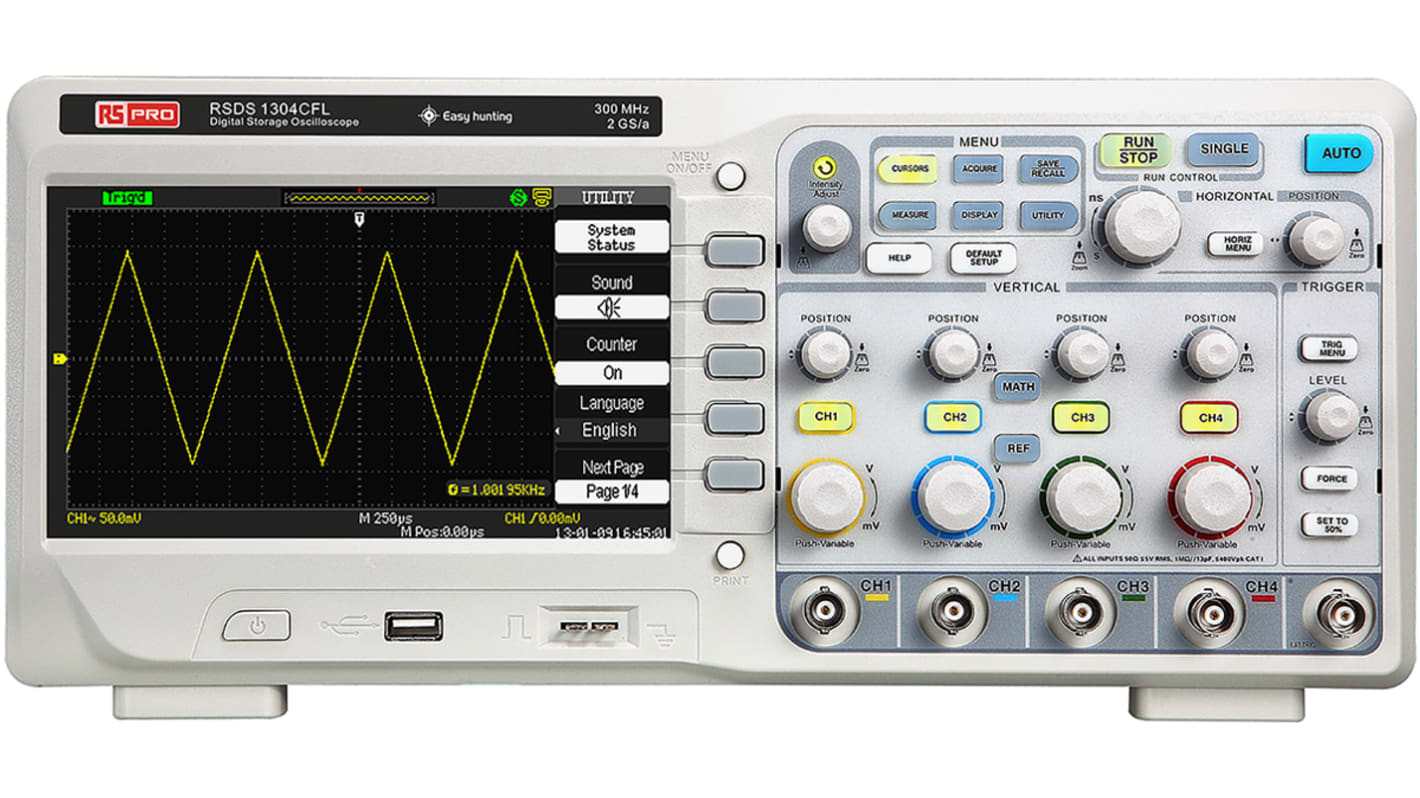 Osciloscopio de banco RS PRO RSDS1304CFL, calibrado RS, canales:4 A, 300MHZ, pantalla de 177.8mm, interfaz USB