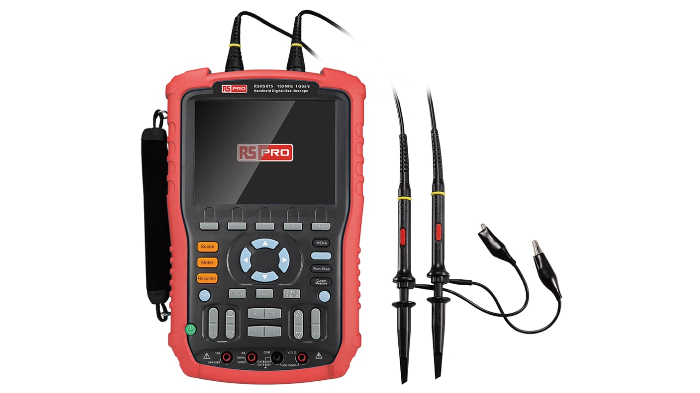 Osciloscopio de mano RS PRO RSHS815, calibrado UKAS, canales:2 A, 150MHZ, pantalla de 144.8mm, interfaz USB