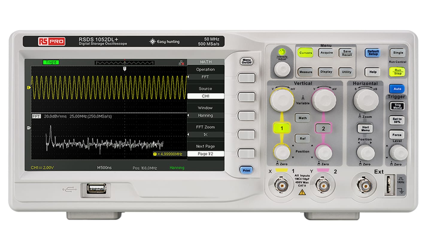 Osciloscopio de banco RS PRO RSDS 1052 DL +, calibrado RS, canales:2 A, 50MHZ, pantalla de 177.8mm, interfaz RS232, USB