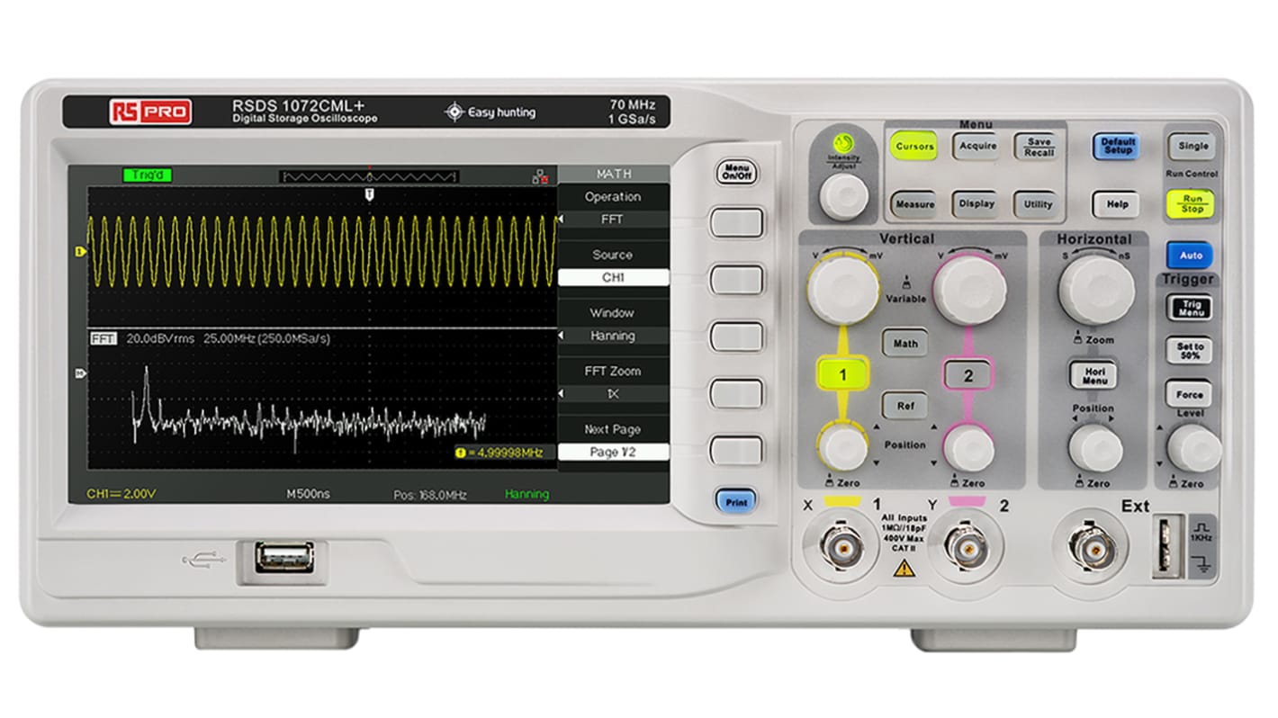 Osciloscopio de banco RS PRO RSDS1072CML+, calibrado UKAS, canales:2 A, 70MHZ, pantalla de 177.8mm, interfaz RS232, USB