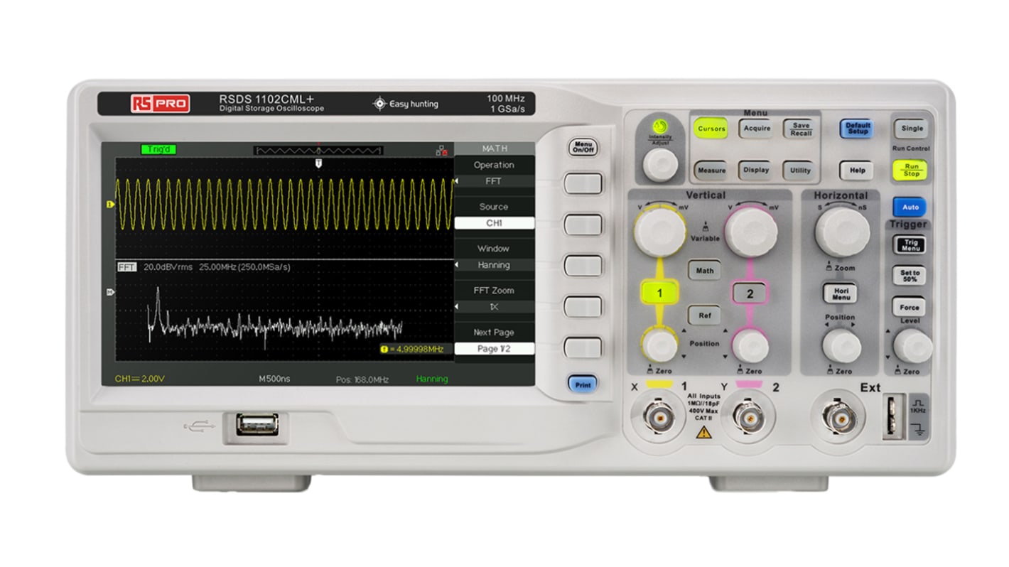 Oscilloscopio con funz. di memorizzazione RS PRO RSDS1102CML+, 2 ch. analogici, 100MHz, Cert. ISO