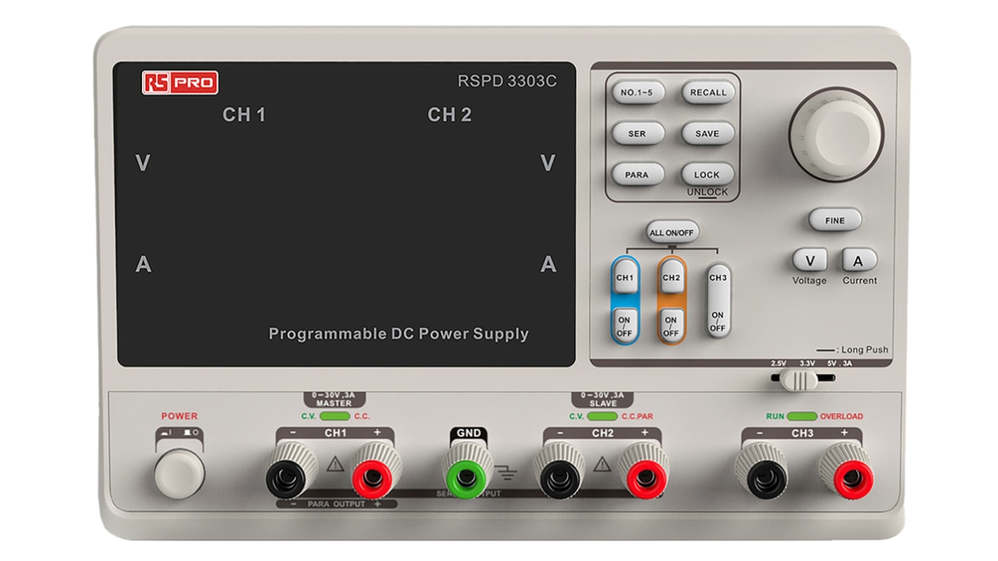 RS PRO 3-Kanal Programmier Labornetzgerät 220W, 2 x 0 → 32 V, 2.5 → 5 V / 3.2A, ISO-kalibriert