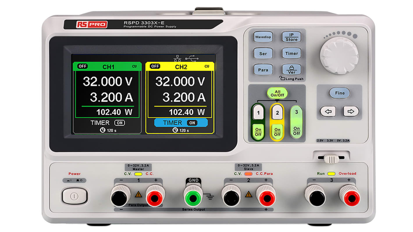 RS PRO Laboratoriestrømforsyning, 3 Udgange, 2 x 0 → 32V, 3.2A, 220W, RSCAL kalibreret