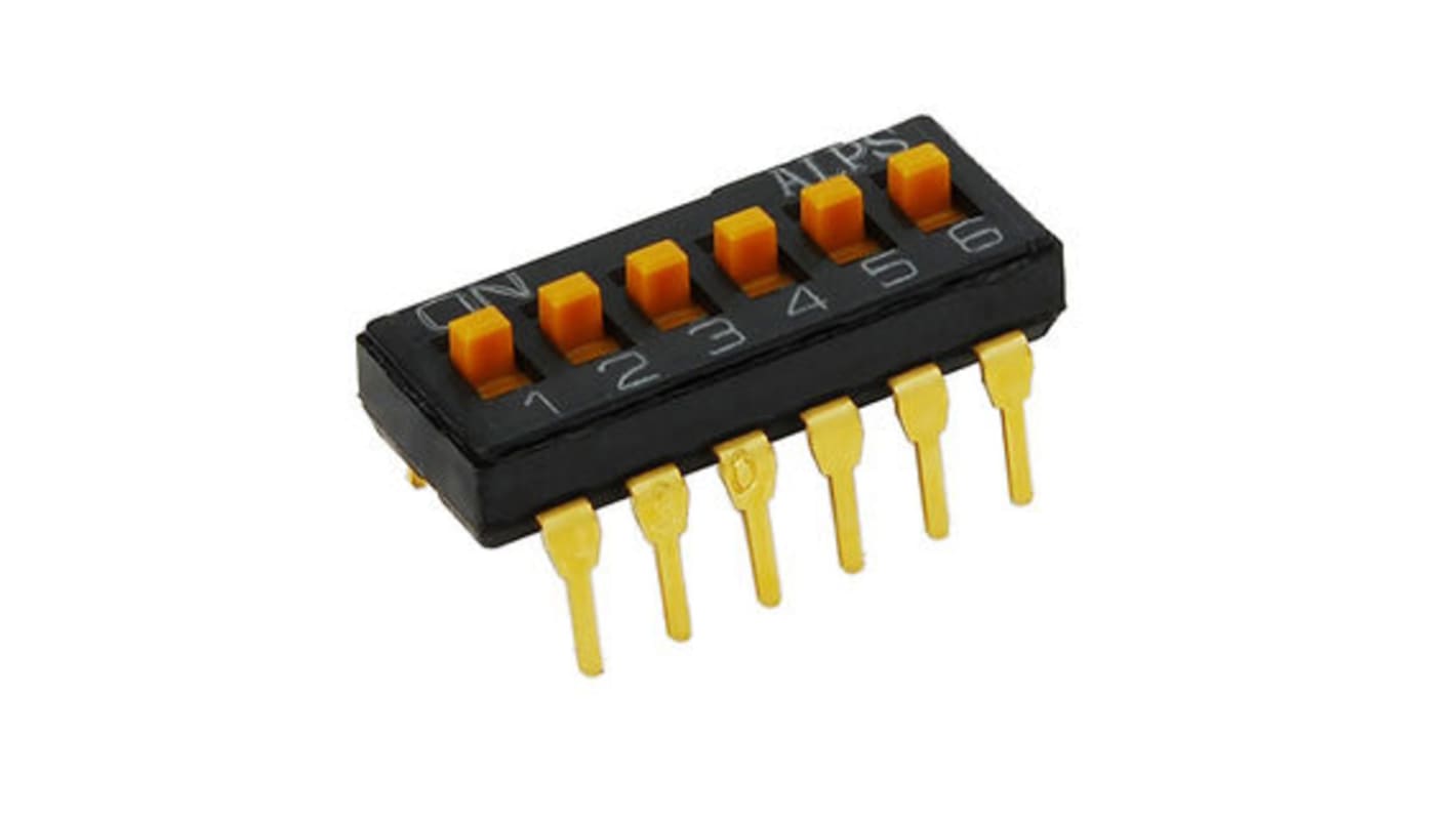 DIP switch 6P6T-NC, Hulmontering, Overslæde 100 (ved tilslutning af strøm) mA, 25 (åbning og lukning) mA, 6-vejs, -40