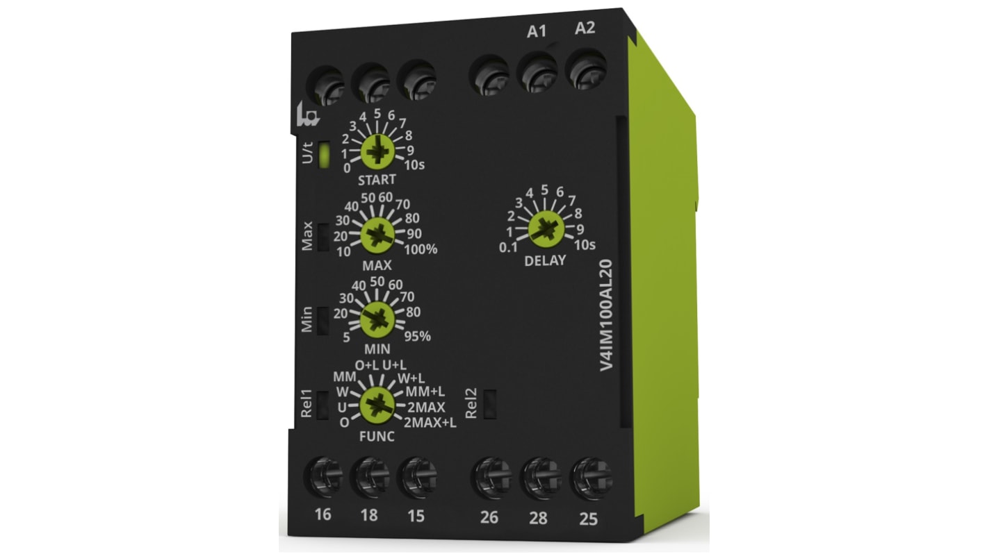 V4IM100AL20 24240V AC/DC Tele Current Monitoring Relay, 1 Phase, DPDT, DIN Rail RS