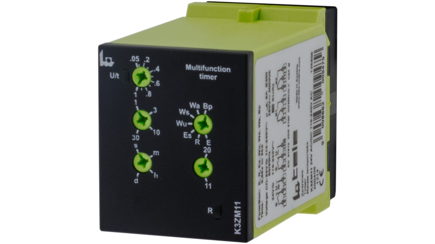 Tele K3ZM11 Series Plug In Timer Relay, 110 → 240 V ac, 24V ac/dc, 2-Contact, 1 s → 30days, DPDT