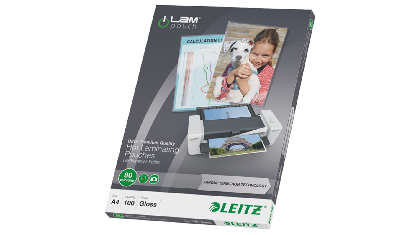 74780000 Leitz A4 Glossy Lamination Pouch 80micron Thickness, 100