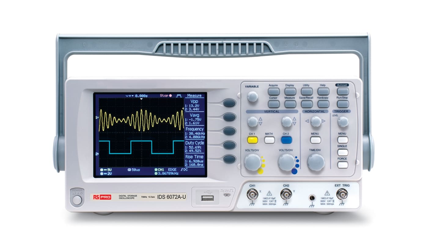Osciloscopio Portátil RS PRO IDS6072AU, canales:2 A, 70MHZ, pantalla de 5.7plg, interfaz USB
