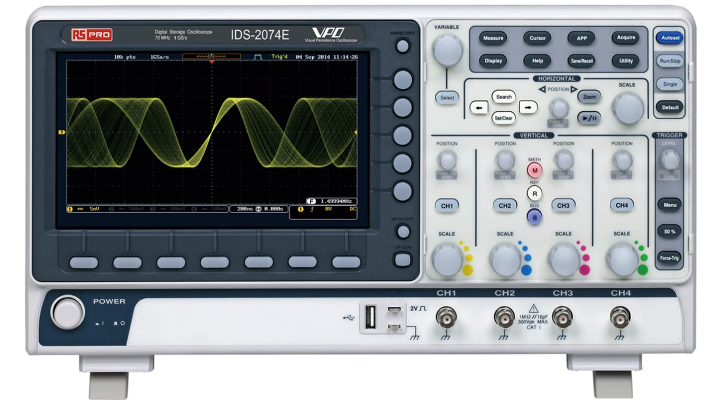 Osciloscopio Almacenamiento digital RS PRO IDS2074E, canales:4 A, 70MHZ, pantalla de 8plg, interfaz USB, Europa, UK