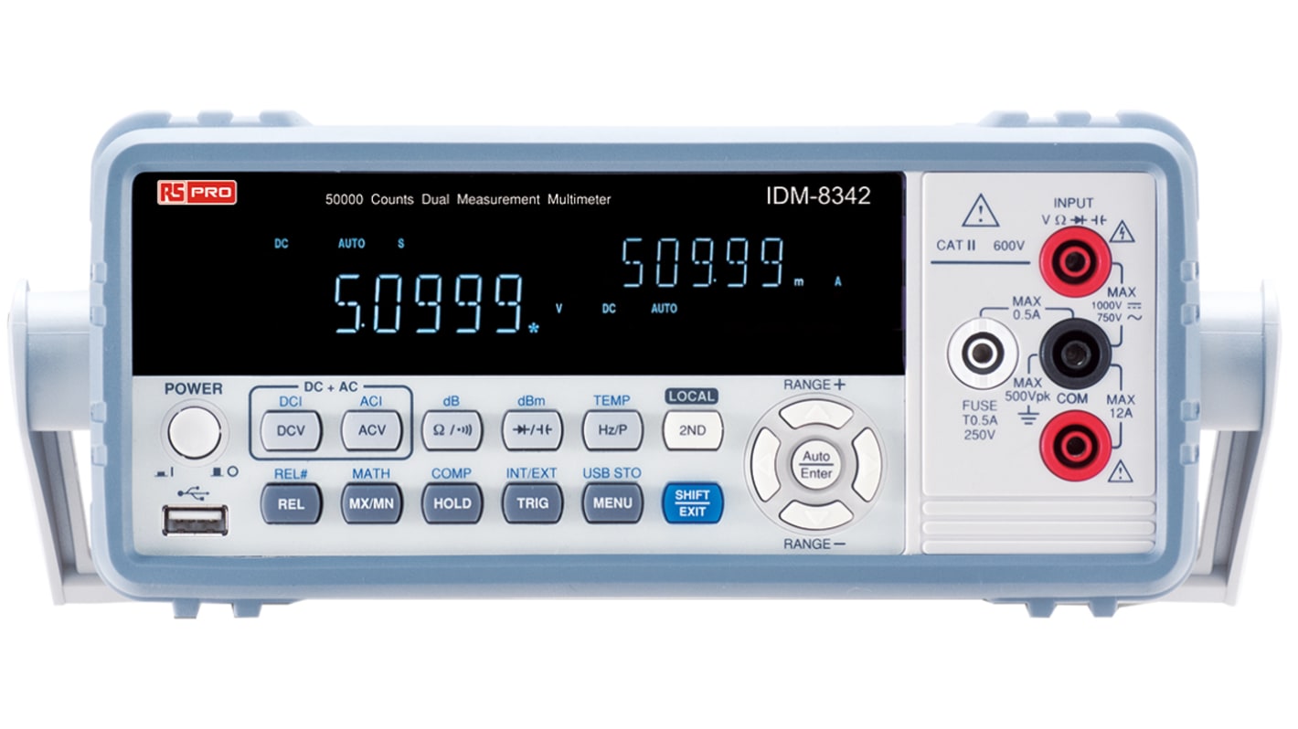 Multímetro de banco RS PRO IDM8342, calibrado RS, 750V ac/1000V dc, 10A ac/10A dc, TRMS