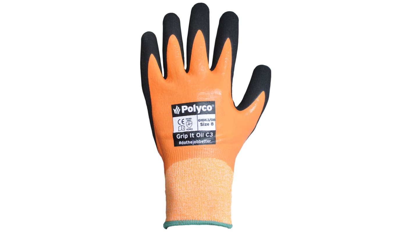 Polyco Healthline Grip It Orange Nitrile Cut Resistant Work Gloves, Size 8, Medium, Nitrile Foam Coating