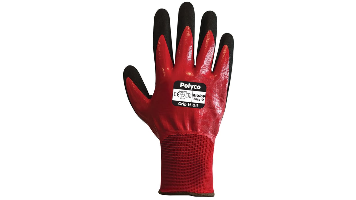 Polyco Healthline Grip It Red Nitrile General Purpose Work Gloves, Size 8, Medium, Nitrile Foam Coating