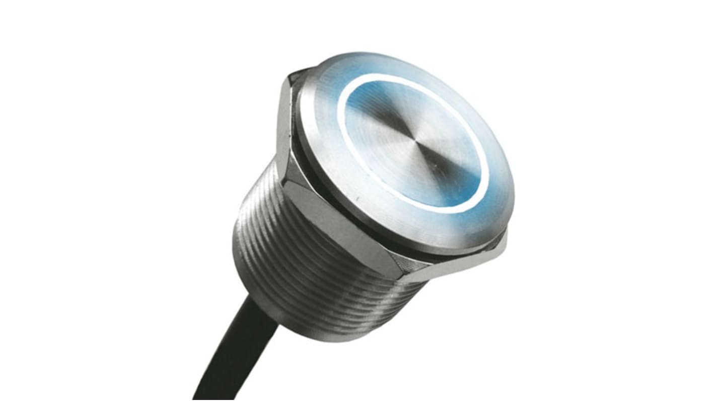 Bulgin Illuminated Piezo Switch, Latching, SPST, IP68, IP69K, Wire Lead, 1 A @ 24 V dc, -40 → +85°C Grey