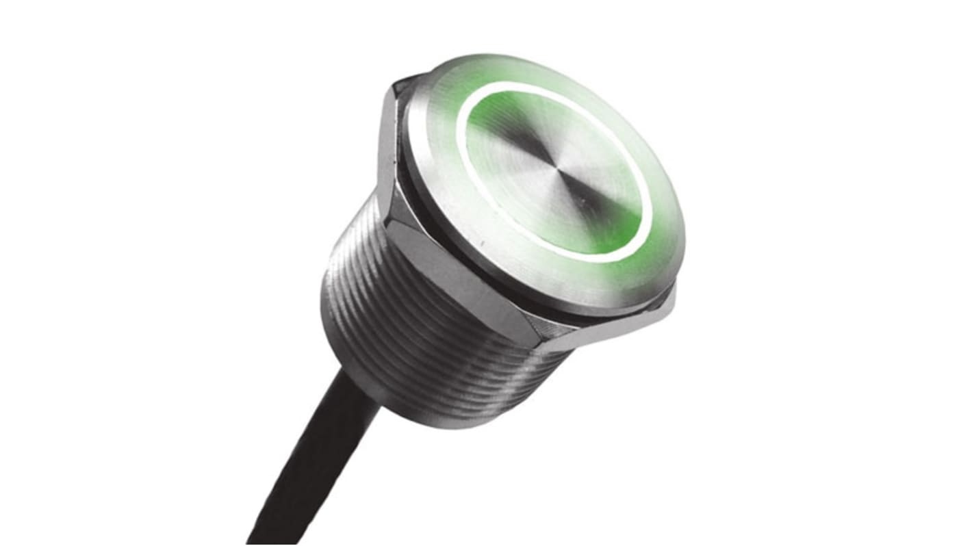 Bulgin Illuminated Piezo Switch, Momentary, IP68, IP69K, Wire Lead, 1 A @ 24 V dc, -40 → +85°C Grey