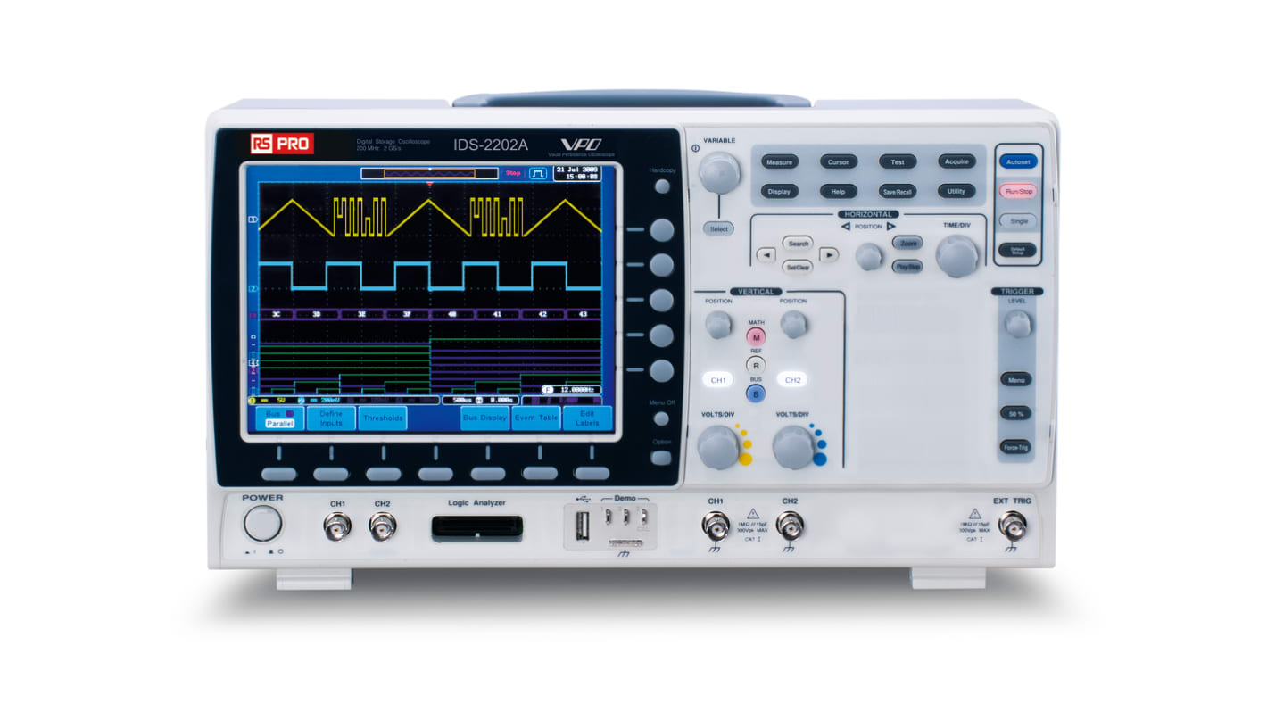 Osciloscopio de banco RS PRO IDS2202A, canales:2 A, 200MHZ, pantalla de 8plg, interfaz CAN, IIC, LIN, RS232, SPI, UART,