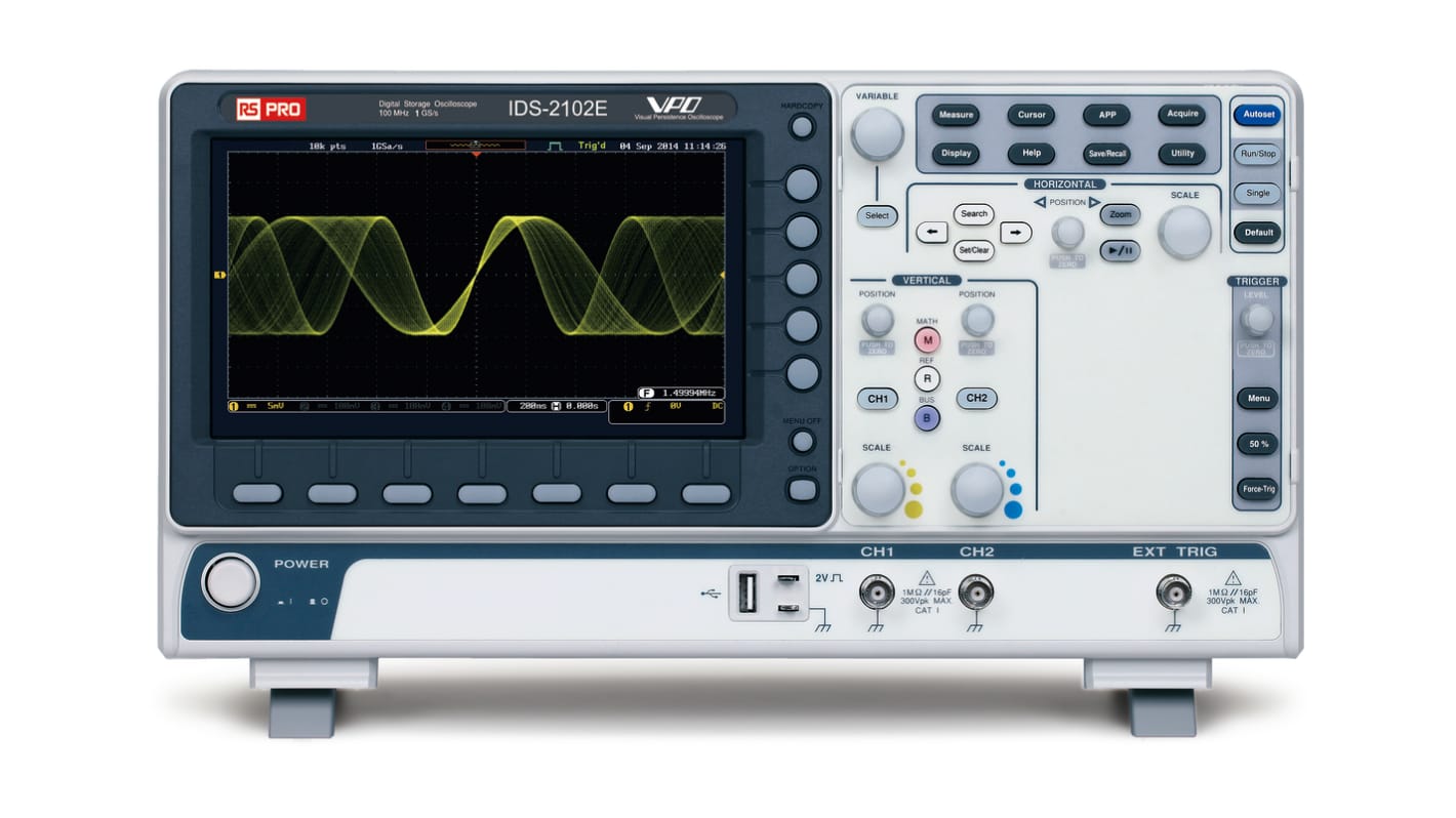 Osciloscopio Almacenamiento digital RS PRO IDS2102E, canales:2 A, 100MHZ, pantalla de 8plg, interfaz CAN, IIC, LIN,