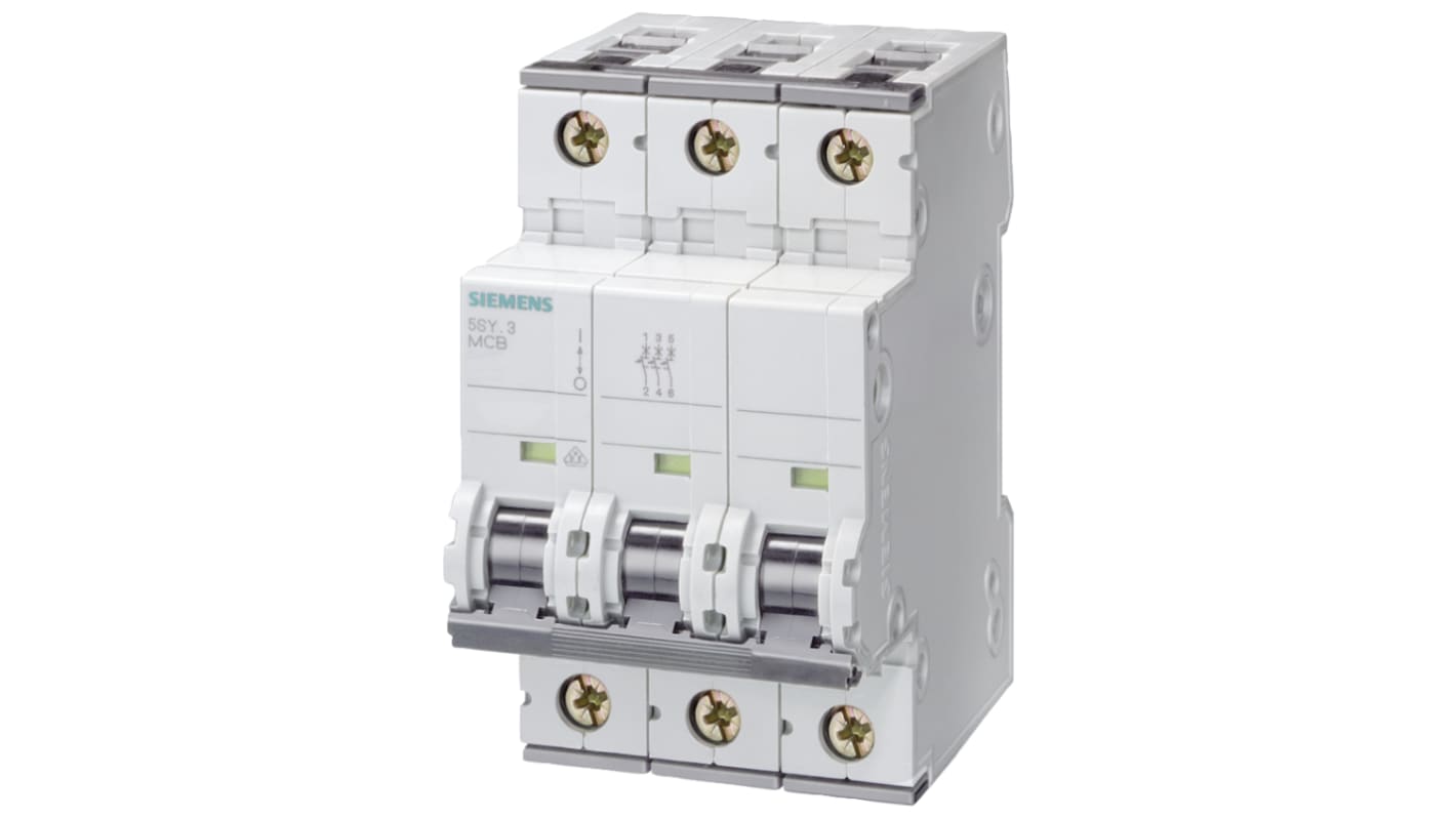 Siemens Sentron 5SY4 MCB, 3P, 50A Curve B, 400V AC, 10 kA Breaking Capacity