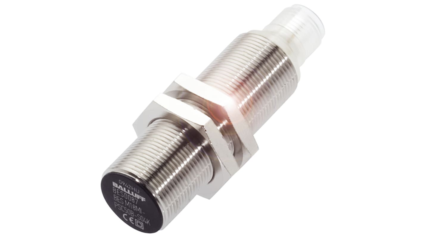 BALLUFF Inductive Barrel-Style Proximity Sensor, M18 x 1, 5 mm Detection, PNP Output, 12 → 30 V dc, IP68